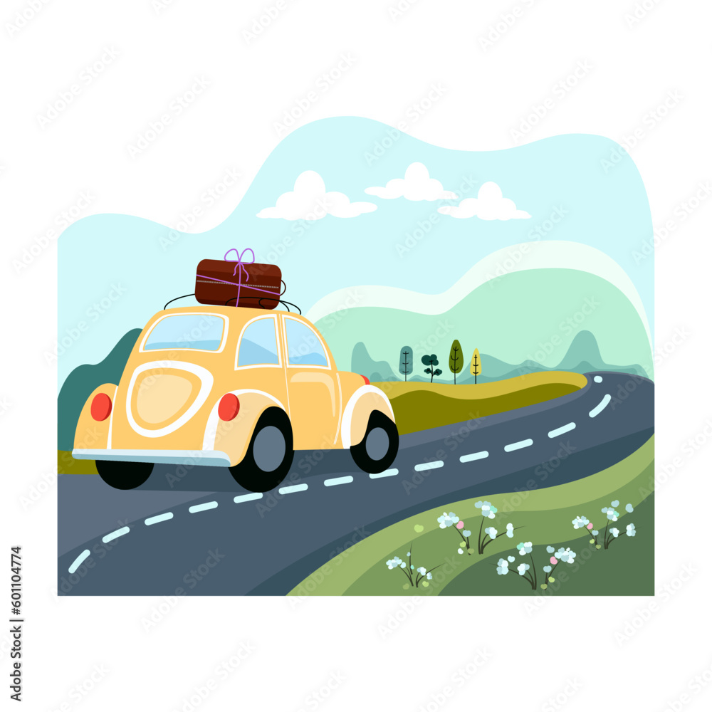 Travelling by car. Walking in the countryside. Holidays abroad. Family vacations. Nature. Cartoon, vector drawing on white background.  