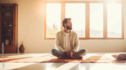 Thoughtful man sitting on carpet at home