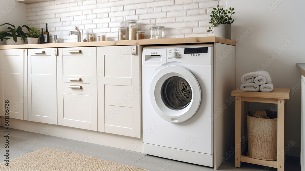 custom made wallpaper toronto digitalInterior of a real laundry room with a washing machine at the window at home. Generative AI