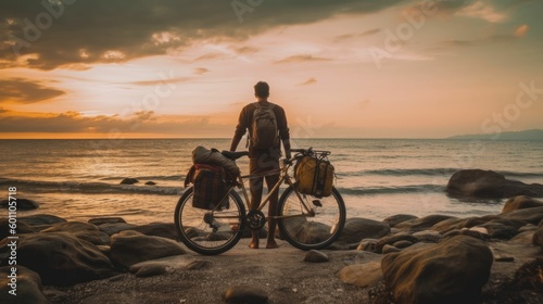 Man standing beside his bicycle on the seashore