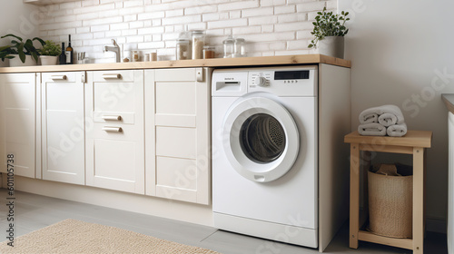 Wallpaper Mural Interior of a real laundry room with a washing machine at the window at home. Generative AI Torontodigital.ca