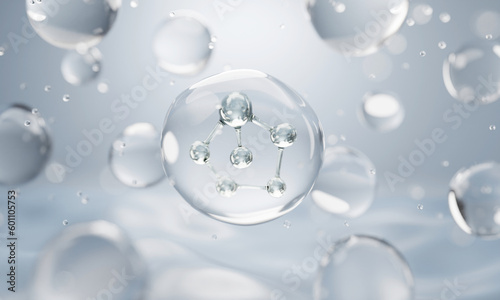 molecule inside bubble on blue background, concept skin care cosmetics solution. 3d rendering. © ATKWORK888
