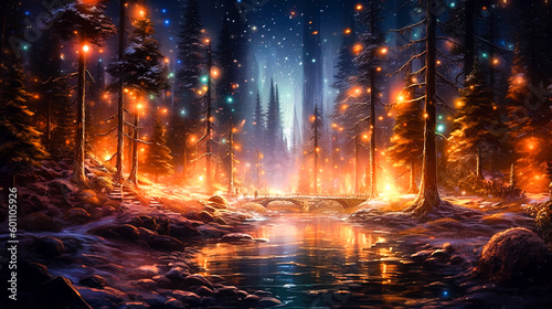 Magical forest with christmas trees and glowing lights, Generative AI © Sasint