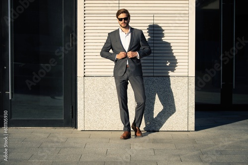 Elegant handsome man in classic suit standing near the office building. © opolja