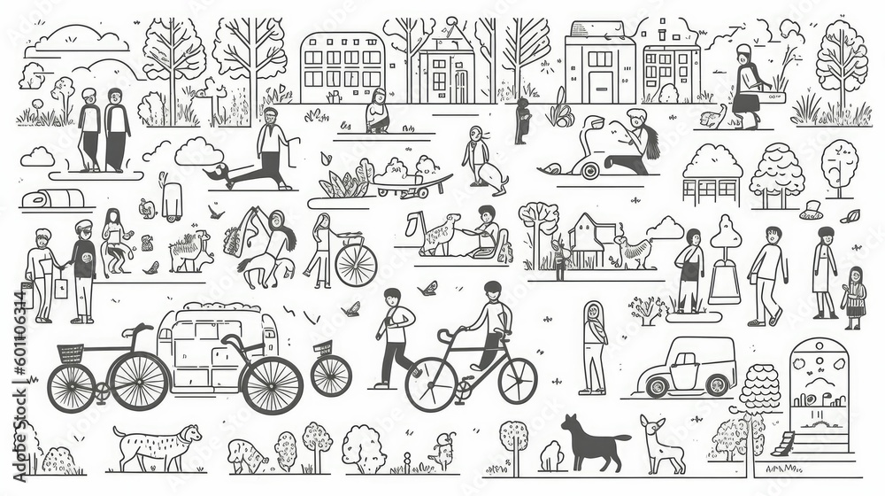 Naklejka premium Doodle Characters Doing Various Activities