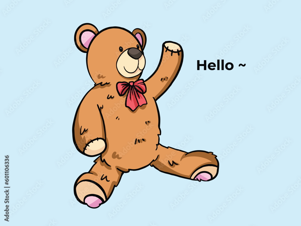 Obraz premium Cute soft brown teddy bear vector illustration with hello greetings gesture pose isolated on horizontal baby blue background. Outlined simple flat art styled drawing.