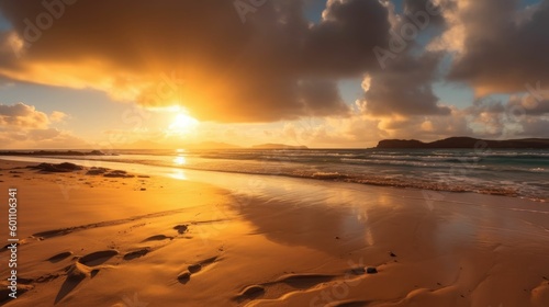 Beautiful sunset with sunbeams at a lonely beach