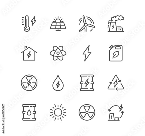 Set of energy types related icons, power station, solar cells, fossil fuels, renewable, turbine, ecology, lightning and linear variety vectors.