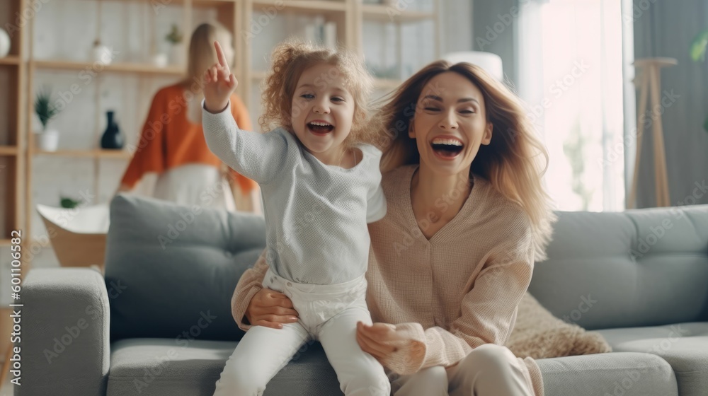 Happy mother and daughter playing on a sofa