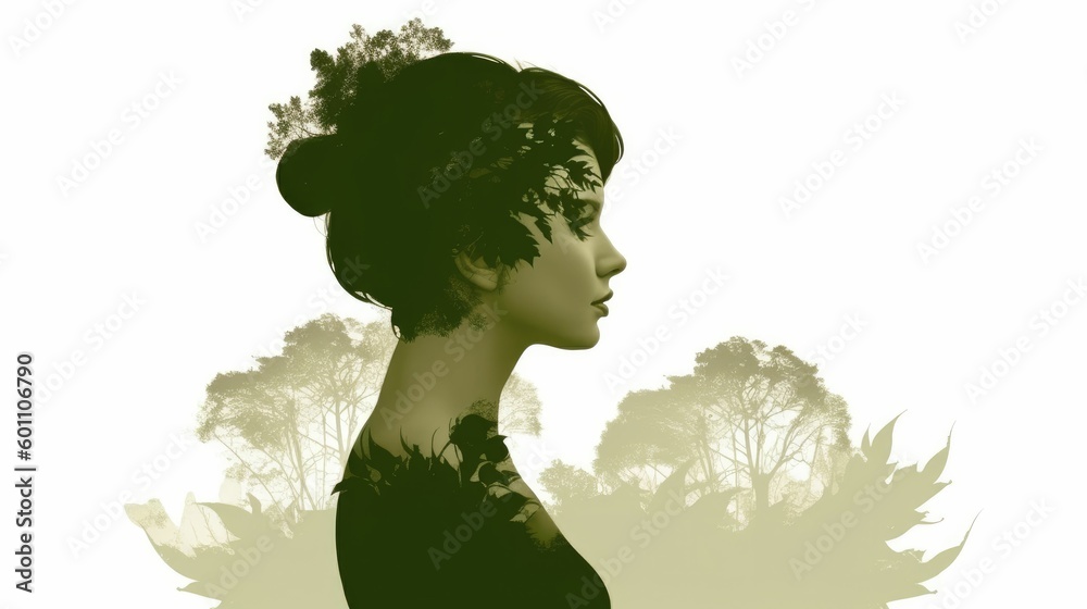 Vintage olive green silhouette of a woman with short hair