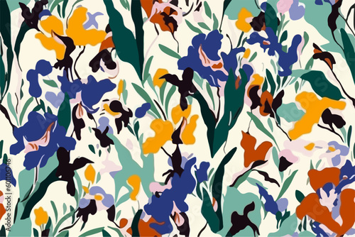 Colorful seamless iris pattern, Vector illustrations of flower, plant, floral pattern, leaves, bird, iris for greeting card, flyer or frame