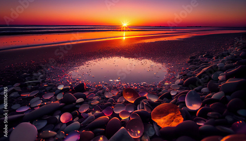 Breathtaking photograph of a beach with glowing stone in sunset Ai generated image