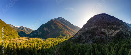 Canadian Mountain Landscape during sunny sunset. Aerial Panorama Background. Near Lillooet, British Columbia, Canada.