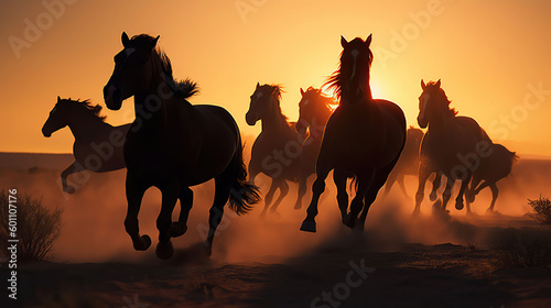 Wide - angle photo portrait silhouette of horses running on plains  the sun is setting  silhouette of running stallions  wild horses running  dusk and sunset  Generative AI