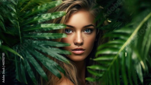 Beautiful girl surrounded by tropical leaves