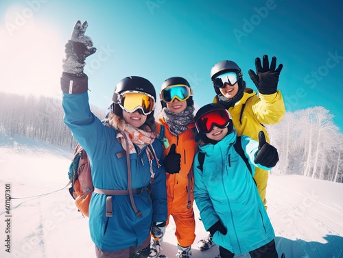 Happy Friends Skiing and Snowboarding -ai generated