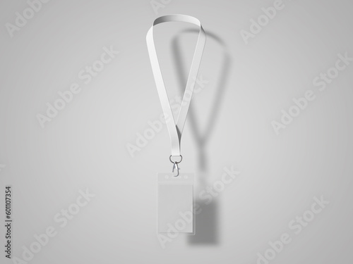 Blank bagde mockup isolated on white. Plain empty name tag mock up hanging on neck with string. Nametag with blue ribbon and transparent plastic paper holder. 3D illustration, 3D rendering.