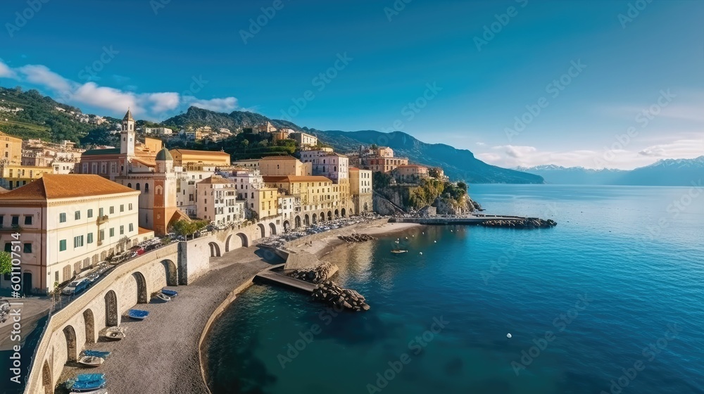 Morning view of Amalfi cityscape on coast line of Mediterranean Sea