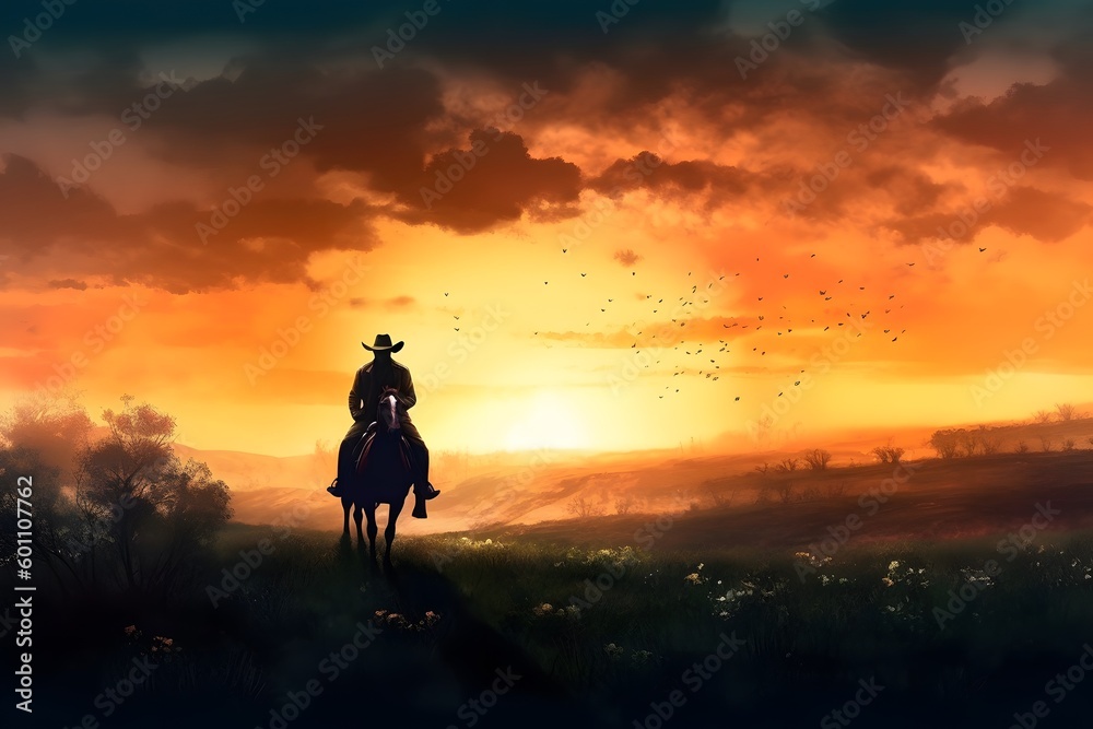 cowboy on a horse in a field rides at sunset background. wild west wallpaper. Generative AI cowboy on a horse in a field rides at sunset background. wild west wallpaper. Generative AI