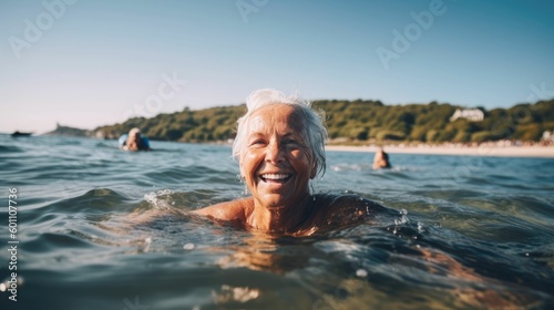 Mature woman swimming in the sea on a beach © Oliver
