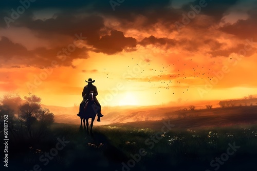 cowboy on a horse in a field rides at sunset background. wild west wallpaper. Generative AI