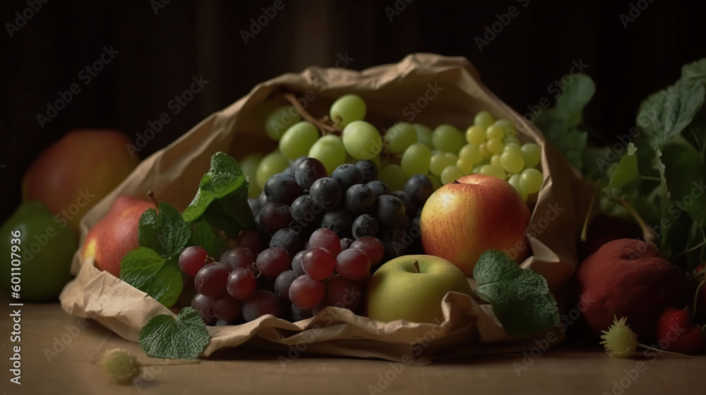 Bunch of mixed organic fruits, greens vegetables, gourmet pile in full eco friendly shopping bag to reduce ecological footprint. Zero waste concept. copy space, Generative AI Bunch of mixed organic fruits, greens vegetables, gourmet pile in full eco friendly shopping bag to reduce ecological footprint. Zero waste concept. copy space, Generative AI