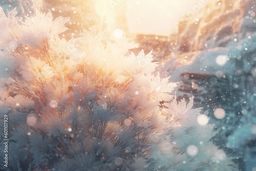 A mesmerizing scene of snowflakes drifting in the wind, with soft colors and a dreamy atmosphere. © Micromedia