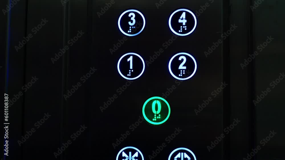 Glowing buttons in the elevator, a red button with the number four, the elevator has arrived.