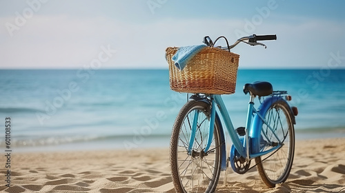 Blue cruiser bike on sunny day at sea shore with a lot of copy space for text. Generative AI photo