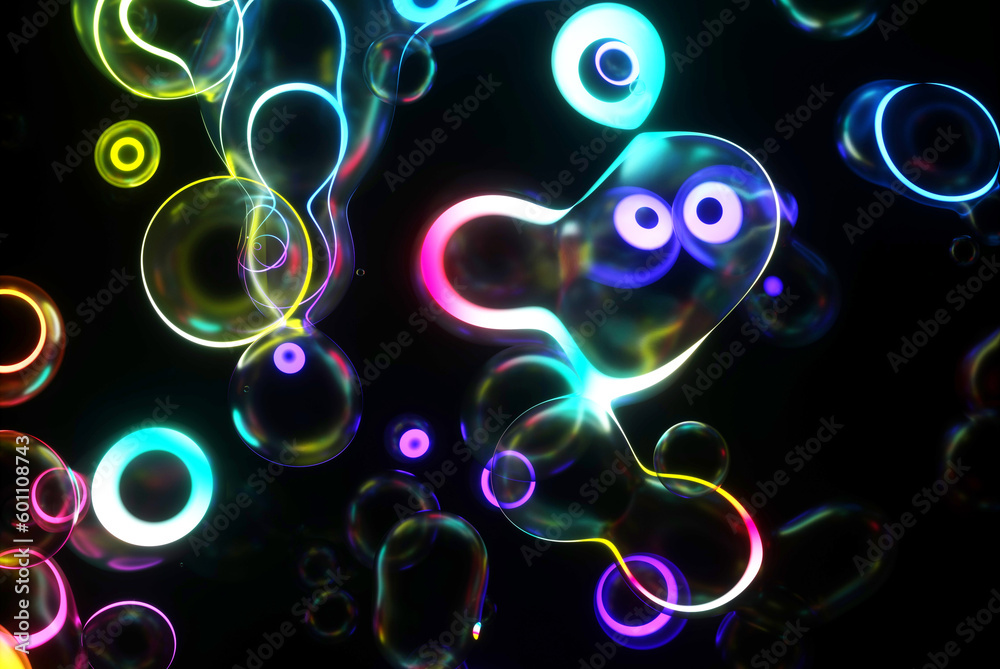 3d render 3d background with surreal bubbles spheres in deformation motion process in dark transparent plastic material with neon laser plasma glowing round curve lines in rainbow color on black 3d render 3d background with surreal bubbles spheres in deformation motion process in dark transparent plastic material with neon laser plasma glowing round curve lines in rainbow color on black