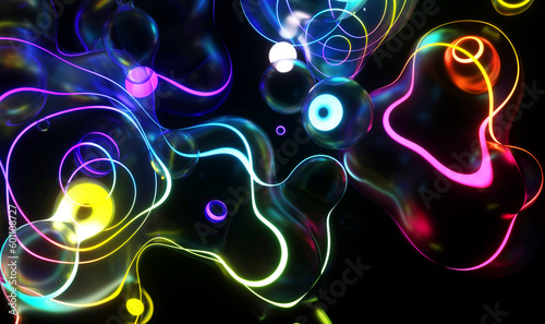 3d render 3d background with surreal bubbles spheres in deformation motion process in dark transparent plastic material with neon laser plasma glowing round curve lines in rainbow color on black