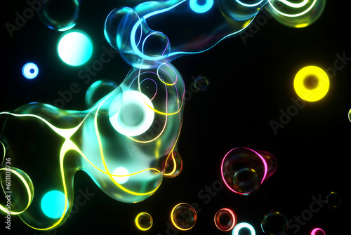3d render 3d background with surreal bubbles spheres in deformation motion process in dark transparent plastic material with neon laser plasma glowing round curve lines in rainbow color on black