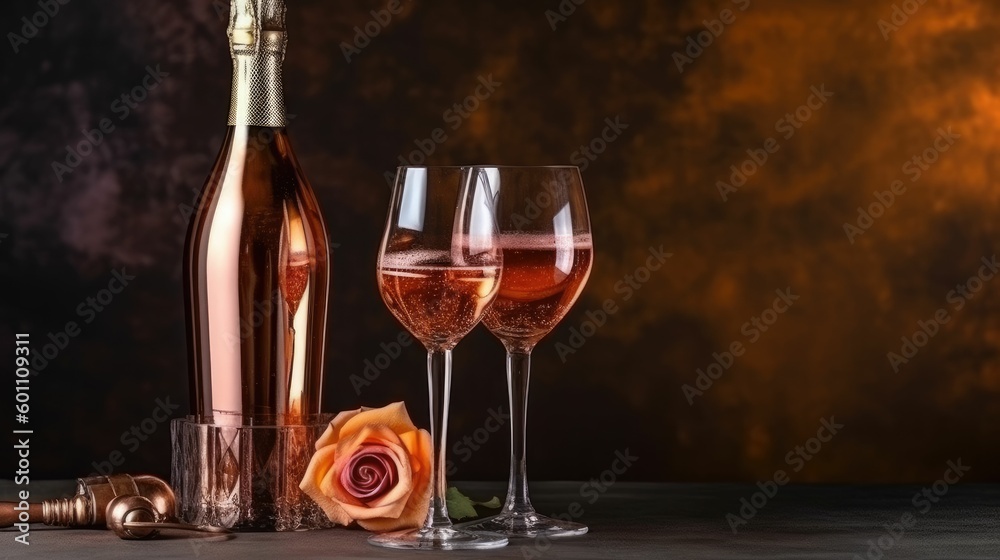 Bottle of rose sparkling wine or champagne with crystal flute on pink background