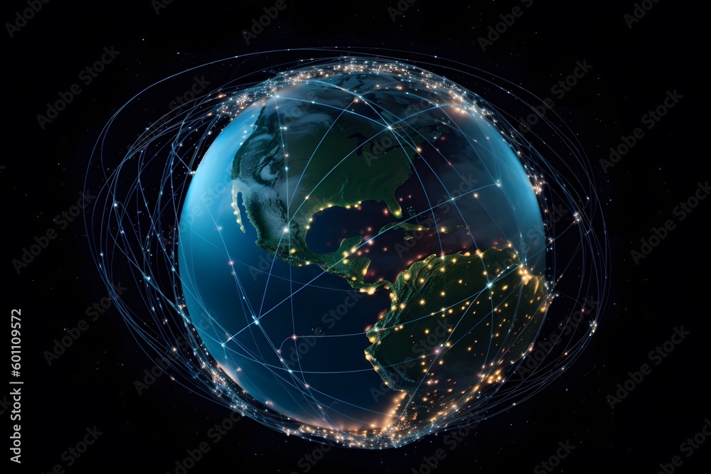 Connecting beams lines around the globe. global network concept. Generative AI