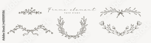 Hand drawn vintage floral wreaths, frames with flowers and ribbon bows. Trendy greenery elements in line art style. Vector for label, corporate identity, wedding invitation, card