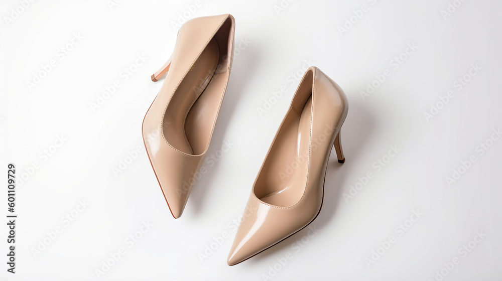 Stylish classic womens beige leather shoes with medium high heels shot from top and from the side, isolated on solid white background. Shoe sale / clearance ad concept. Generative AI Stylish classic womens beige leather shoes with medium high heels shot from top and from the side, isolated on solid white background. Shoe sale / clearance ad concept. Generative AI