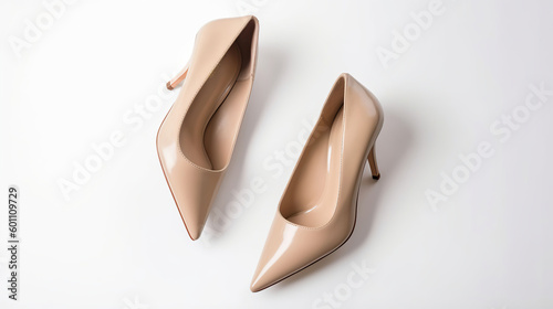 Stylish classic womens beige leather shoes with medium high heels shot from top and from the side, isolated on solid white background. Shoe sale / clearance ad concept. Generative AI
