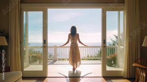 Young woman standing at sunny luxury patio door with ocean view © Oliver