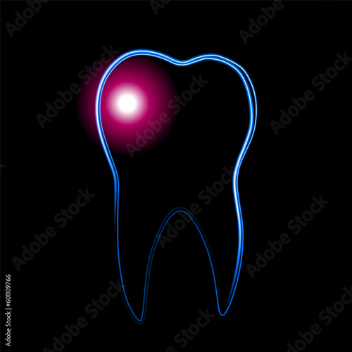 Vector isolated illustration of toothache. Outline drawing of a tooth with a neon effect. Dentist icon.