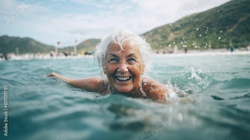 Mature woman swimming on a beach in the sea © Oliver