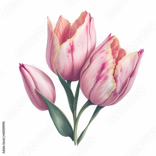 Pink tulips in a stem on white background from Generative AI