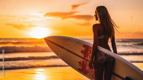 Teenager enjoying the sunset at the beach with a surfboard