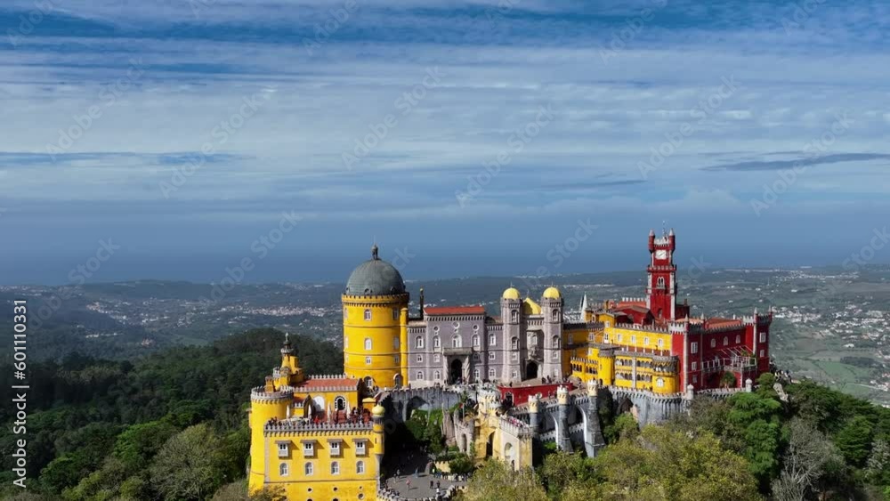 Palace of Pena in Sintra. Lisbon, Portugal. Part of cultural site of Sintra City. Drone Point of View. 4k.