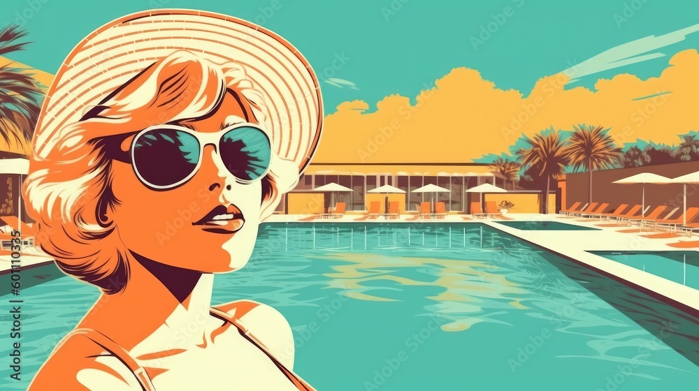 Retro style vector illustration of a girl by the pool