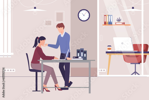 sexual harassment, assault, abuse at workplace, sexism discrimination concept vector, man assaulting on woman illustration, inappropriate behavior at workplace with boss harassing employee
