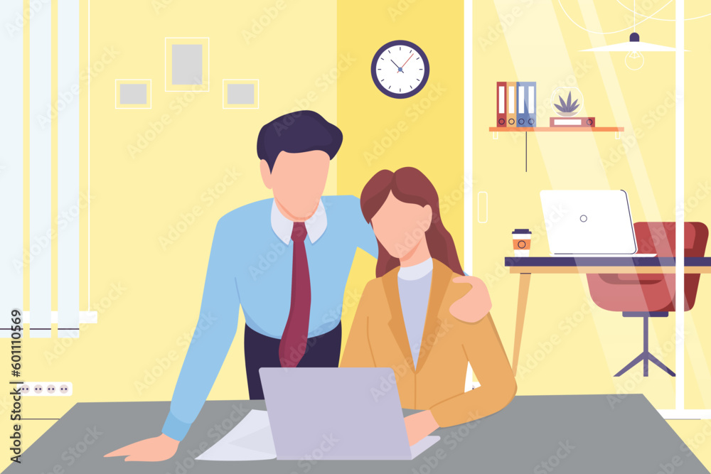sexual harassment, assault, abuse at workplace, sexism discrimination concept vector, man assaulting on woman illustration, inappropriate behavior at workplace with boss harassing employee - obrazy, fototapety, plakaty 