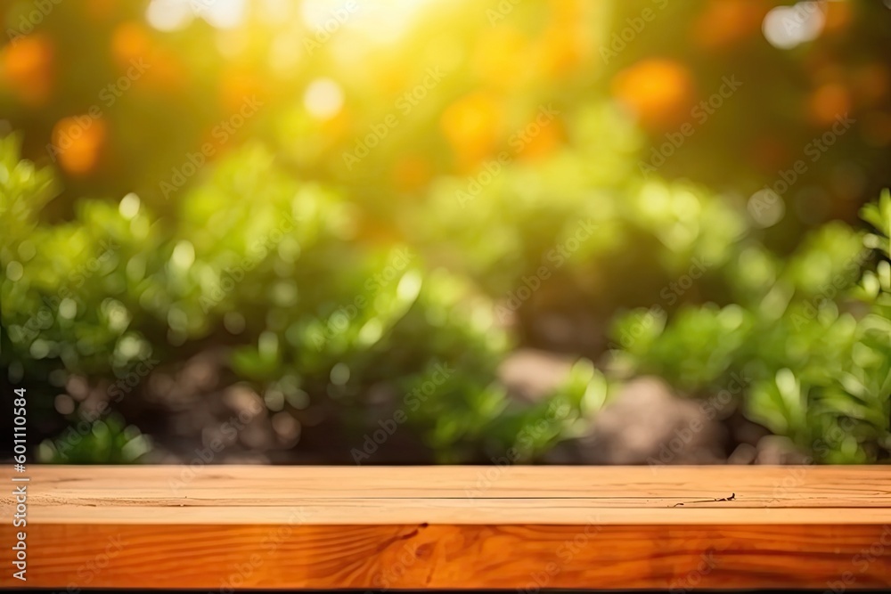 Natural Wooden Tabletop with Summer orange Garden Bokeh Background and Copy Space for Display. Generative AI illustrations.