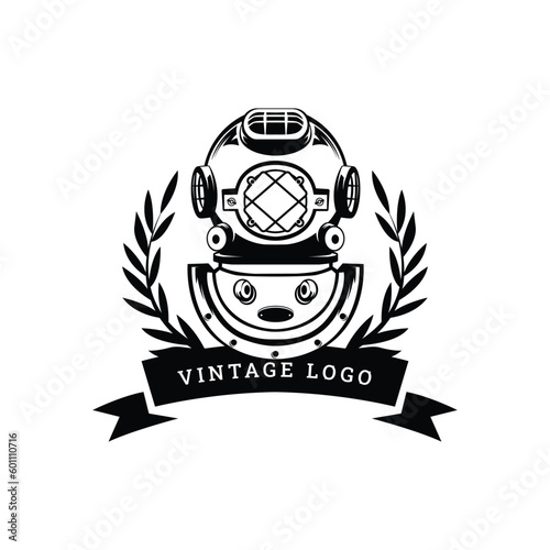 Vintage diving helmet, of a scuba diver vector template silhouette and classy looking design
