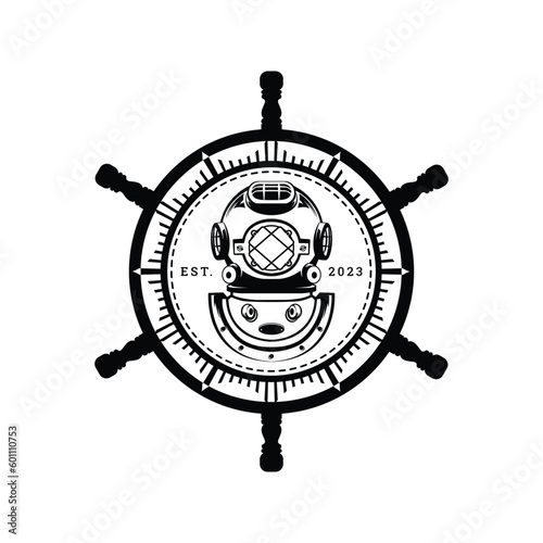 Vintage diving helmet, of a scuba diver vector template silhouette and classy looking design and concept nautical logo