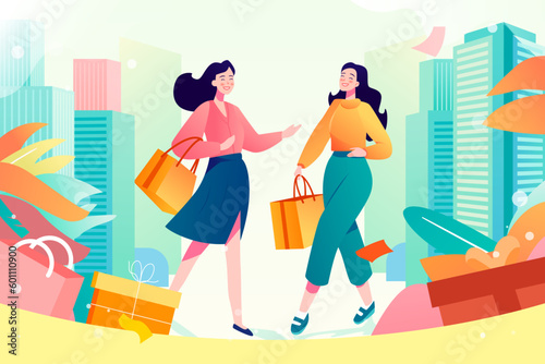 Girls are shopping with houses and plants in the background, vector illustration